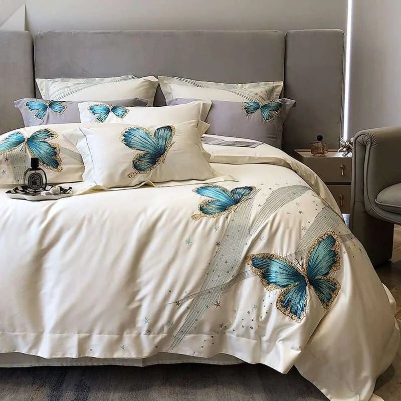 Elegant Blue Butterfly Embroidered Egyptian Cotton Bedding Set - Julia M LifeStyles