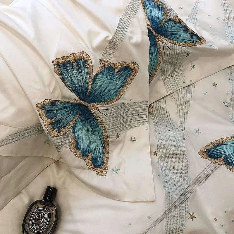 Elegant Blue Butterfly Embroidered Egyptian Cotton Bedding Set - Julia M LifeStyles