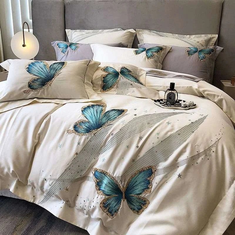 Elegant Blue Butterfly Embroidered Egyptian Cotton Bedding Set - Julia M LifeStyles