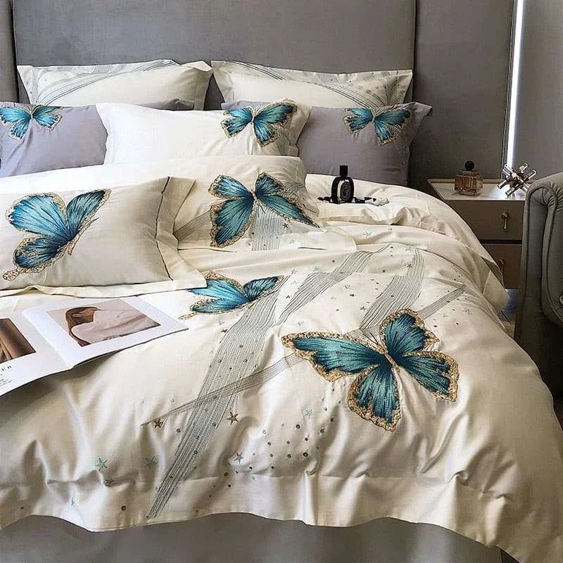 Elegant Blue Butterfly Embroidered Egyptian Cotton Bedding Set - Julia M LifeStyles