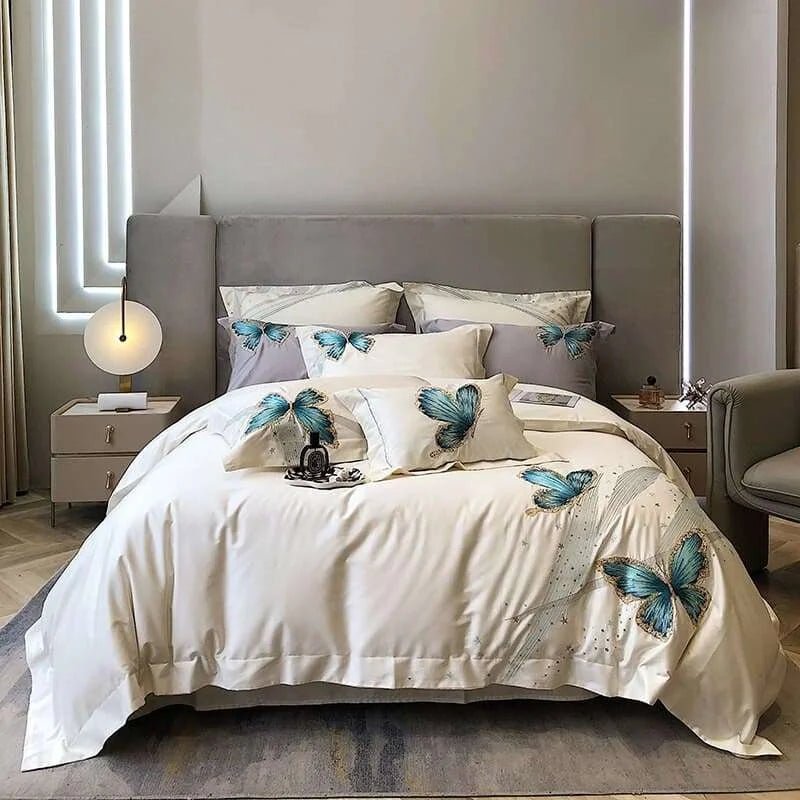 Elegant Blue Butterfly Embroidered Egyptian Cotton Bedding Set - Julia M LifeStyles