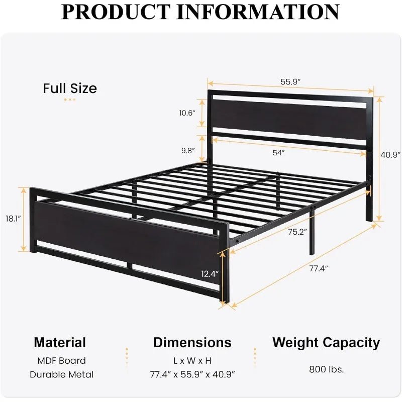 Full Size Bed Frame with Modern Wooden Headboard & Metal Platform Frame - Julia M LifeStyles