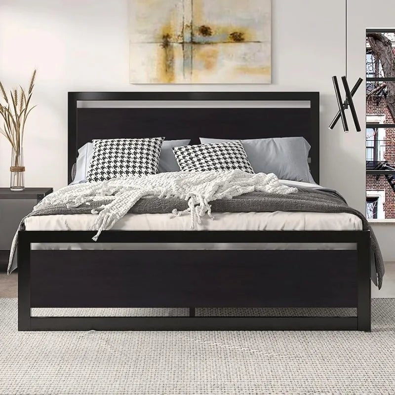 Full Size Bed Frame with Modern Wooden Headboard & Metal Platform Frame - Julia M LifeStyles