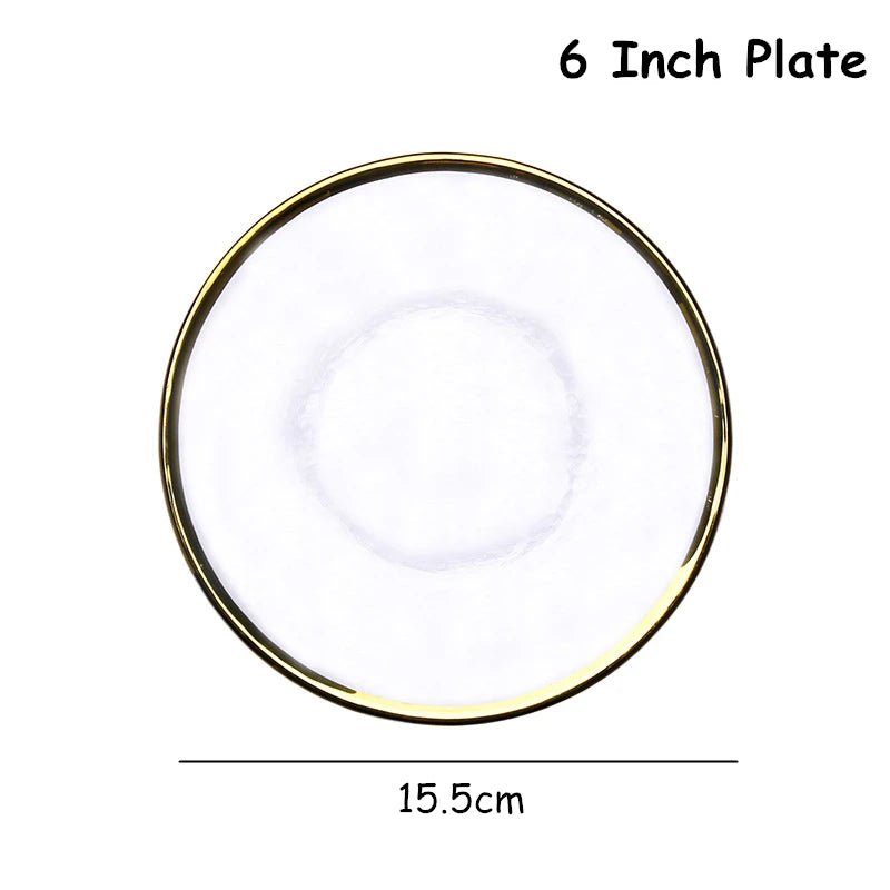 Glass Cutlery Salad Bowl Dinner Plate Soup Bowl Golden Edge Flat Plate Dinnerware Transparent Food Tray Glass Tableware 1pcs - Julia M LifeStyles