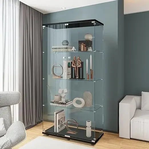 Glass Display Cabinet, White Floor Standing Glass Bookshelf, Glass Display Case with 4 Clear Dividers for Collectibles - Julia M LifeStyles