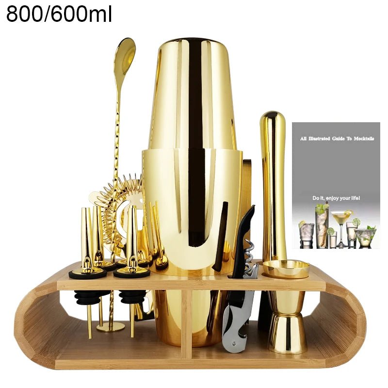 Gold Boston Cocktail Shaker Set with Bamboo Stand - Julia M LifeStyles