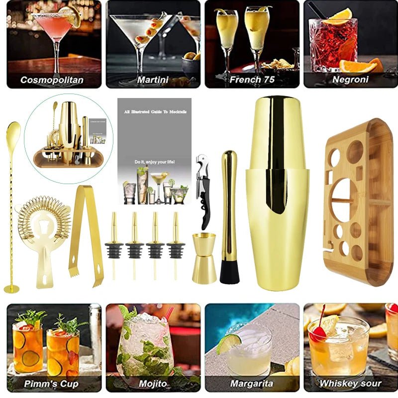 Gold Boston Cocktail Shaker Set with Bamboo Stand - Julia M LifeStyles