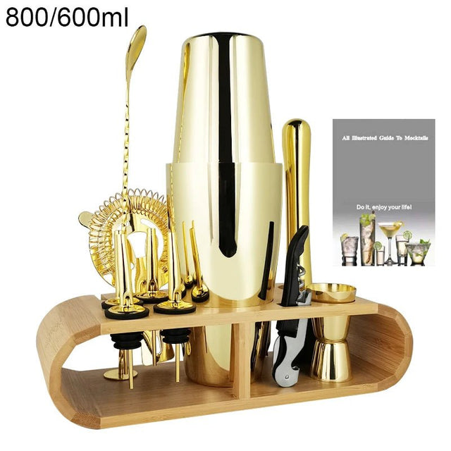 Gold Boston Cocktail Shaker Set with Bamboo Stand - Julia M LifeStyles