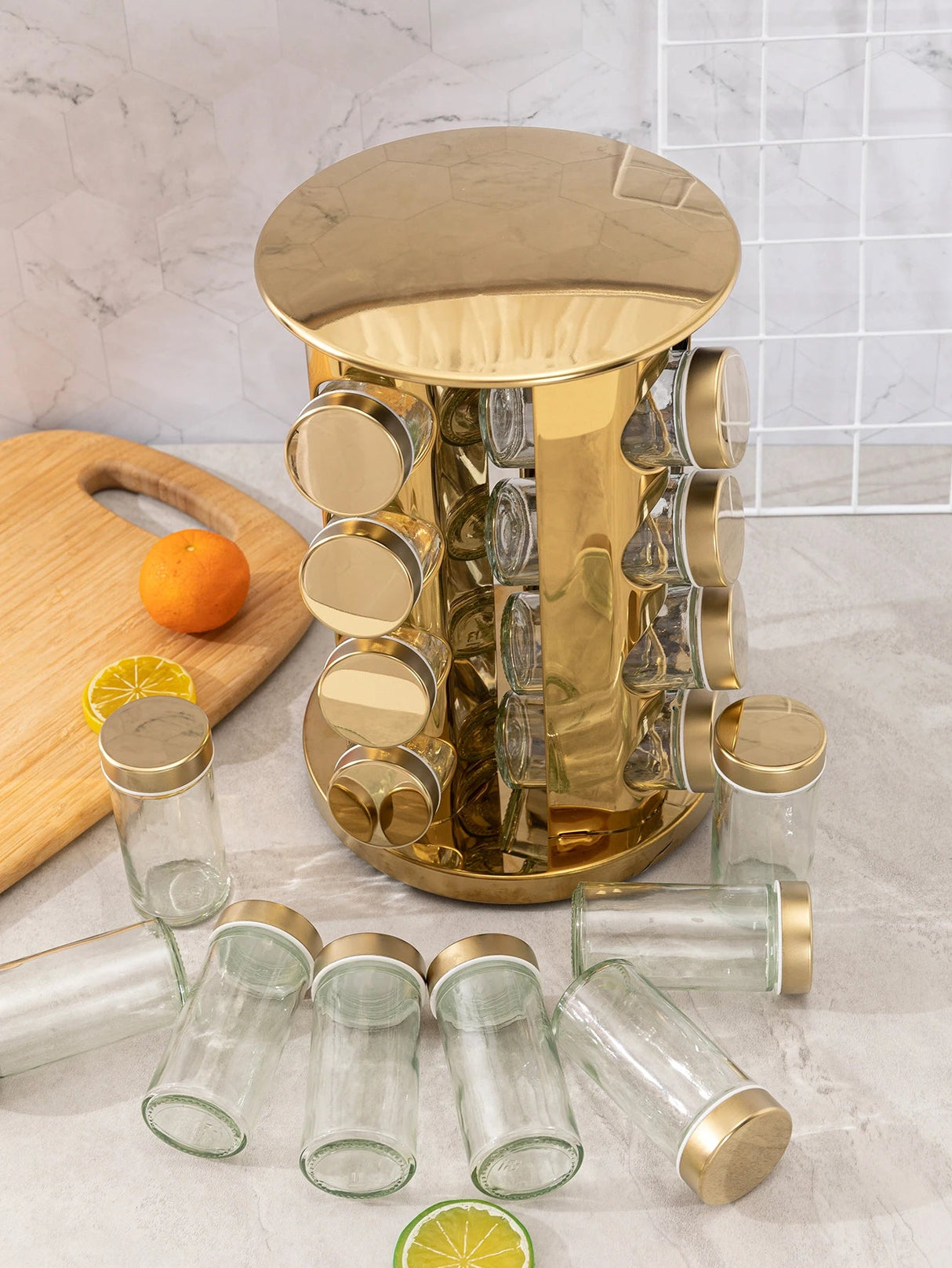 Gold Rotating Spice Rack with 16 Jars - Julia M LifeStyles