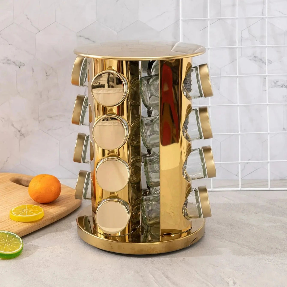 Gold Rotating Spice Rack with 16 Jars - Julia M LifeStyles