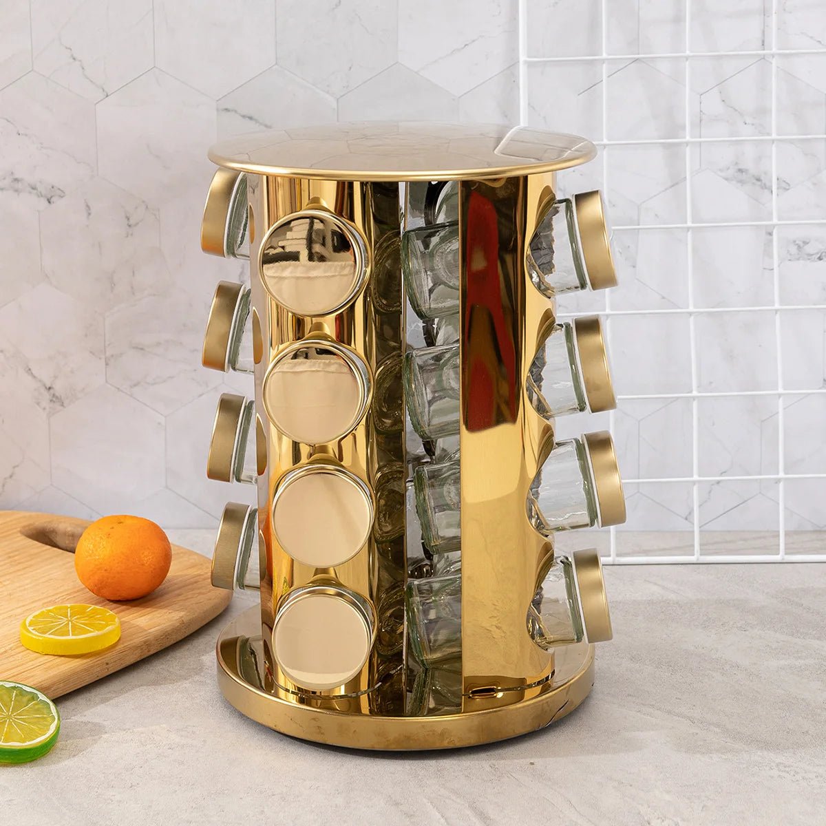 Gold Rotating Spice Rack with 16 Jars - Julia M LifeStyles