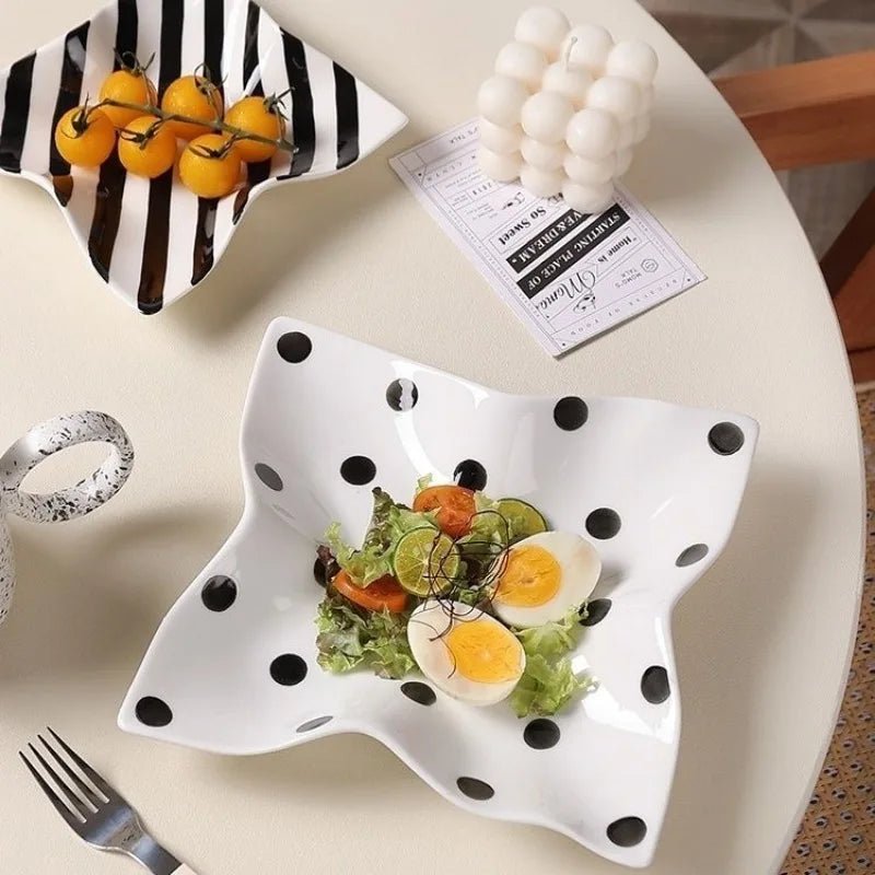 Hand Painted French Retro Hepburn Style Black & White Polka Dot Ceramic Plates - Julia M LifeStyles