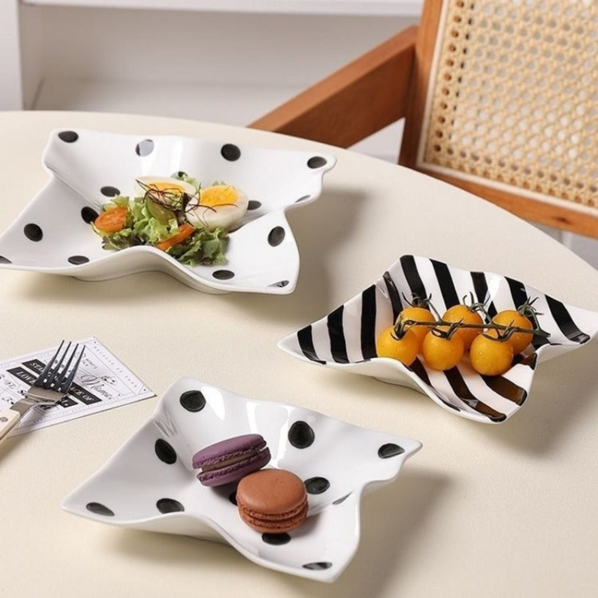 Hand Painted French Retro Hepburn Style Black & White Polka Dot Ceramic Plates - Julia M LifeStyles