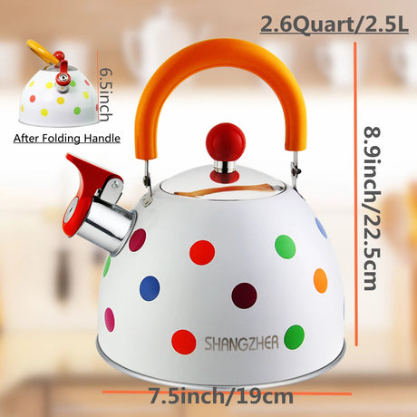 HausRoland Water Teapot Capacity 2.5L Dot Color Painting Folded Handle Stainless Steel Gas Induction Whistling Tea Kettle - Julia M LifeStyles