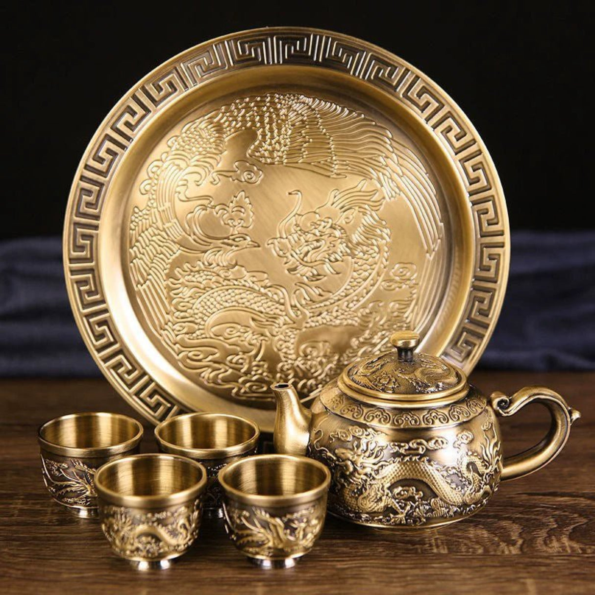 Internet Celebrity Bronze Set of Dragon and Phoenix Tea Set 1 Teapot 4 Tea Cup For Home a Tray of Six - Piece Set Gifts - Julia M LifeStyles