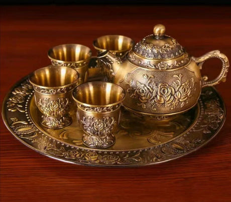 Internet Celebrity Bronze Set of Dragon and Phoenix Tea Set 1 Teapot 4 Tea Cup For Home a Tray of Six - Piece Set Gifts - Julia M LifeStyles