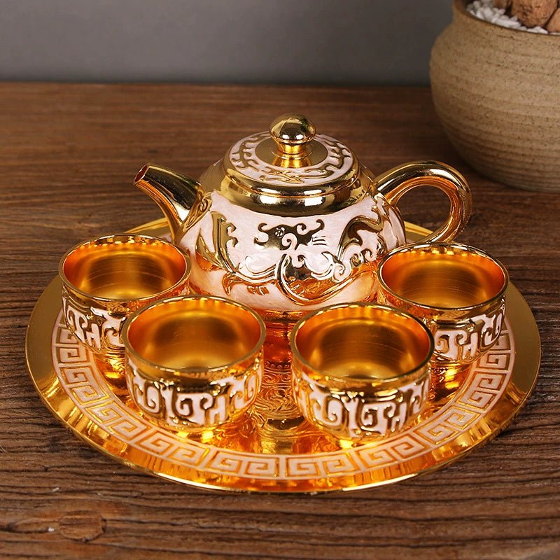 Internet Celebrity Bronze Set of Dragon and Phoenix Tea Set 1 Teapot 4 Tea Cup For Home a Tray of Six - Piece Set Gifts - Julia M LifeStyles