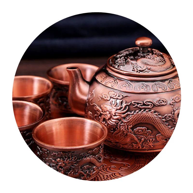 Internet Celebrity Bronze Set of Dragon and Phoenix Tea Set 1 Teapot 4 Tea Cup For Home a Tray of Six - Piece Set Gifts - Julia M LifeStyles