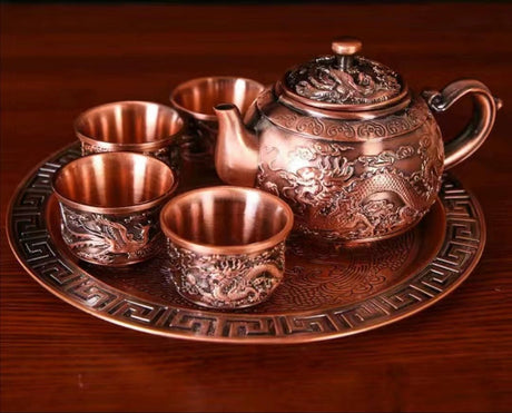 Internet Celebrity Bronze Set of Dragon and Phoenix Tea Set 1 Teapot 4 Tea Cup For Home a Tray of Six - Piece Set Gifts - Julia M LifeStyles