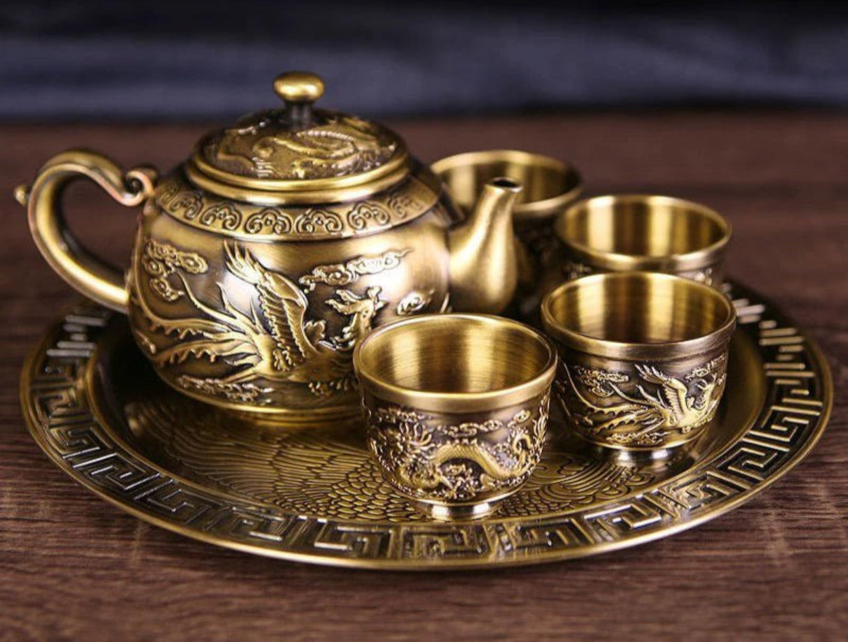 Internet Celebrity Bronze Set of Dragon and Phoenix Tea Set 1 Teapot 4 Tea Cup For Home a Tray of Six - Piece Set Gifts - Julia M LifeStyles