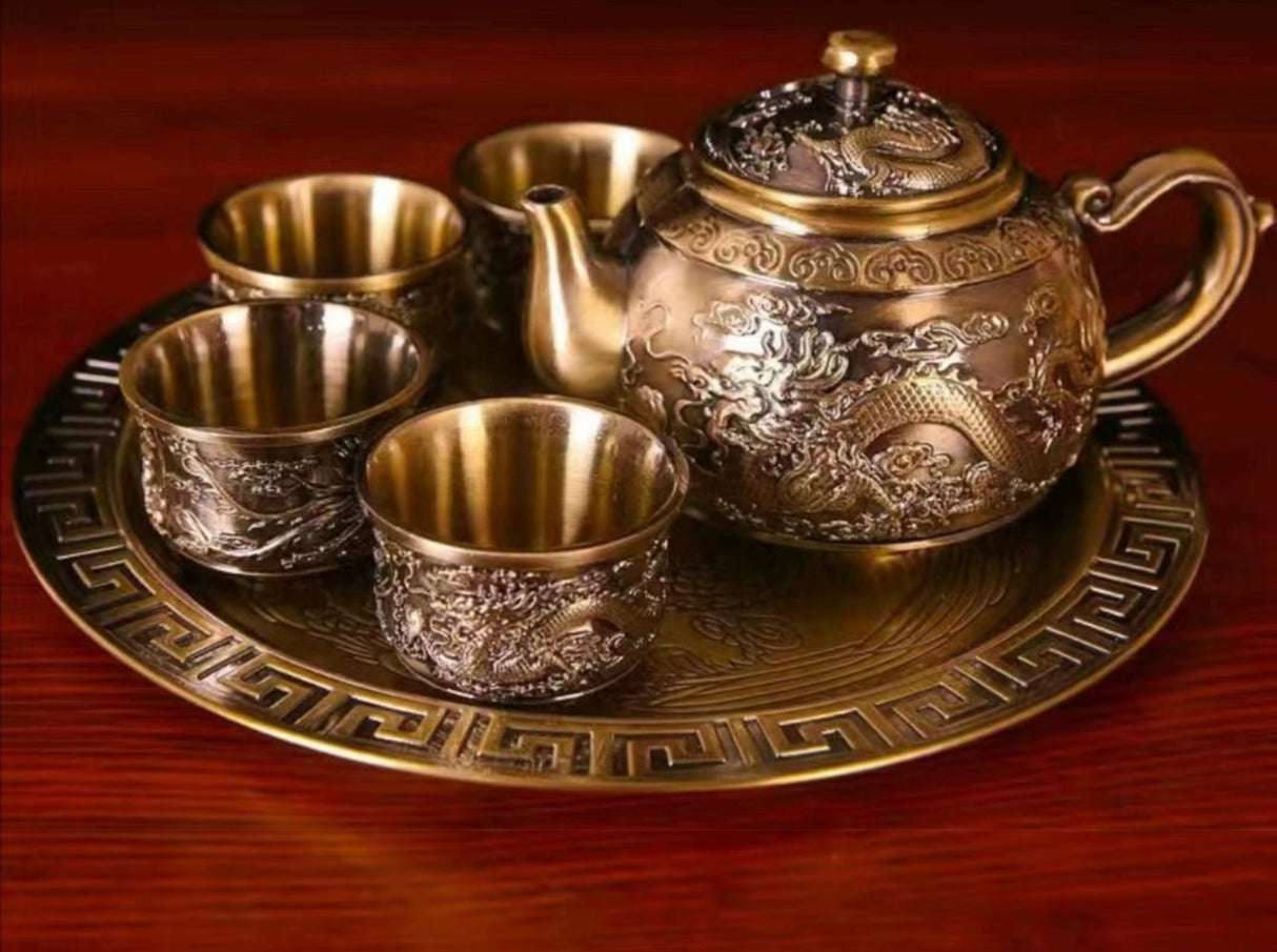 Internet Celebrity Bronze Set of Dragon and Phoenix Tea Set 1 Teapot 4 Tea Cup For Home a Tray of Six - Piece Set Gifts - Julia M LifeStyles