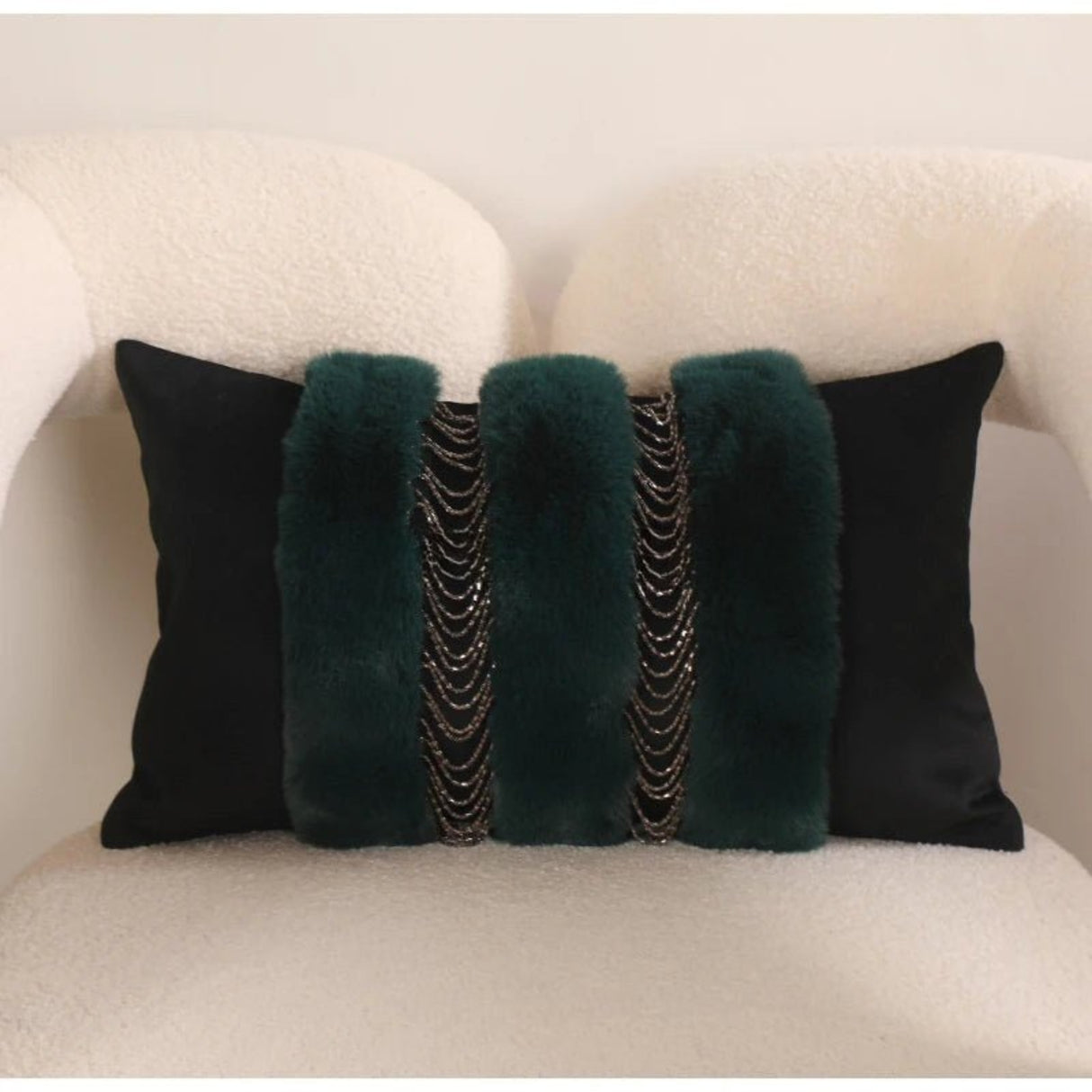 Italian Renaissance Sable Green Faux Fur Lumbar Pillowcase with Chain Design 30x50cm - Julia M LifeStyles