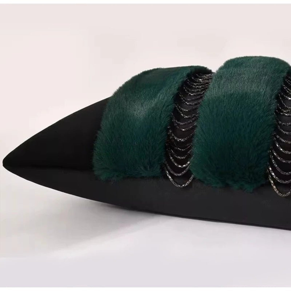 Italian Renaissance Sable Green Faux Fur Lumbar Pillowcase with Chain Design 30x50cm - Julia M LifeStyles