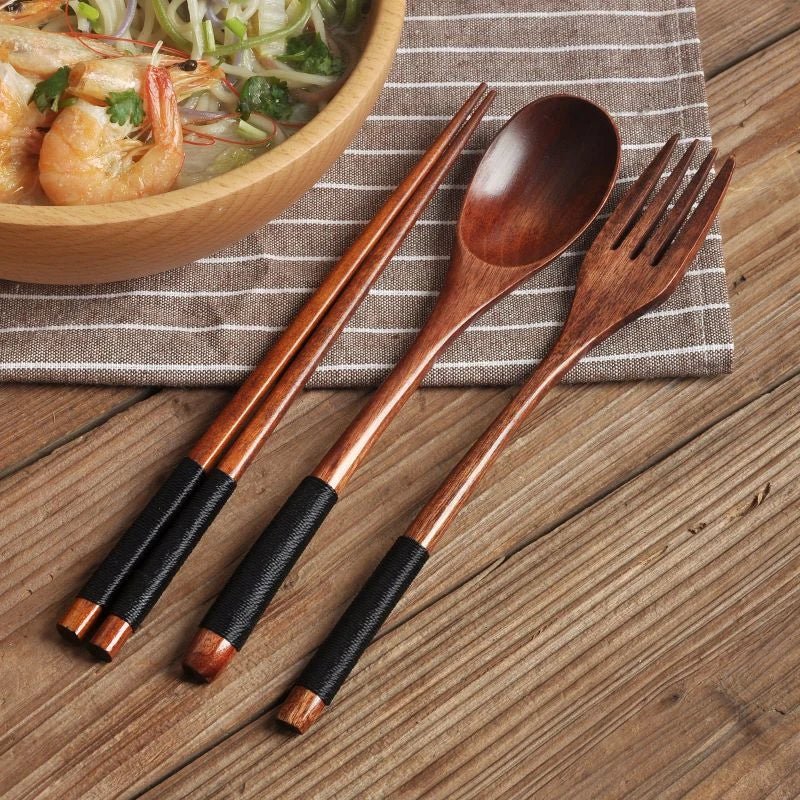 Japanese Style Wooden Cutlery Set with Bag 🥢 - Julia M LifeStyles