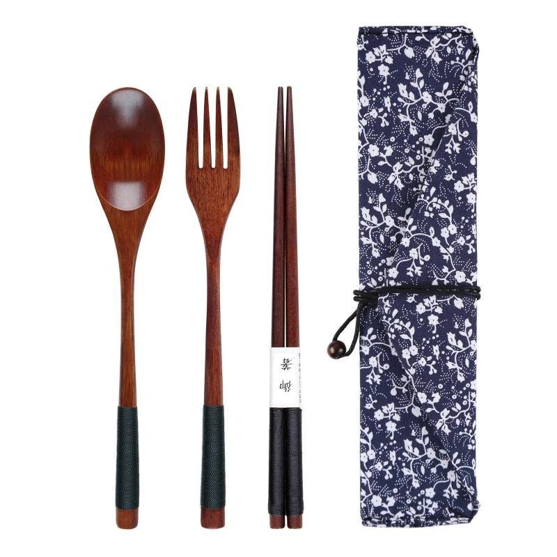 Japanese Style Wooden Cutlery Set with Bag 🥢 - Julia M LifeStyles