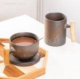 Japanese Vintage Tea Cup Set Ceramic Coffee Mug Rust Glaze Milk Cafe Cup with Wood Handle Water Cup Teacup Home Office Drinkware - Julia M LifeStyles