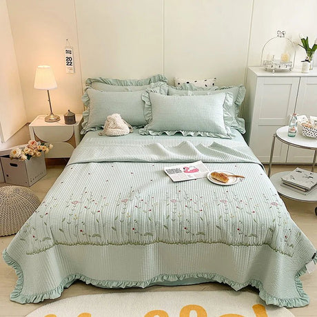 Julia M Lifestyles Korean Princess Ruffles Flowers Embroidery Summer Quilt Bedspread - Julia M LifeStyles