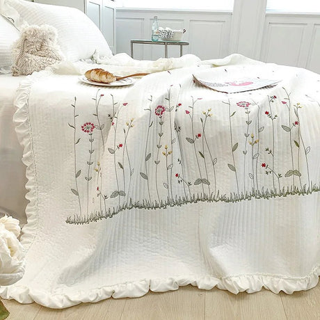 Julia M Lifestyles Korean Princess Ruffles Flowers Embroidery Summer Quilt Bedspread - Julia M LifeStyles