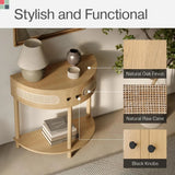 Rattan Half Moon Entry Table,Small with Storage for Narrow Spaces , Two Doors and Black Knobs (Natural Oak) - Julia M LifeStyles