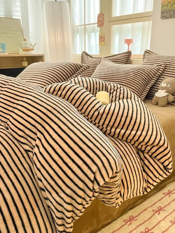 Khaki Striped Reversible Velvet Duvet Cover by Julia M - Julia M LifeStyles