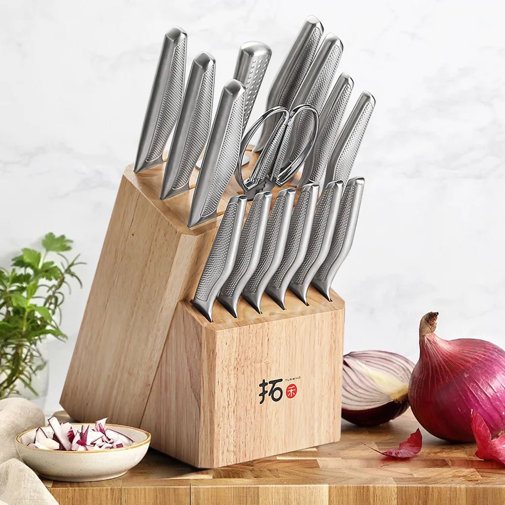 Knife Stand Acacia Solid Wood For 15PCS Kitchen Knives Set Scissors Sharpening Rod Holder Knife Block Shelf Storage Tools - Julia M LifeStyles