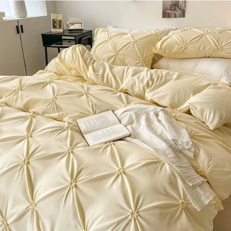 Lovey Cosy South Korea Accessible Luxury New Arrival Twisted Flower Washed Cotton Brushed Princess Cream Yellow Four - Piece Bedding Set - Julia M LifeStyles