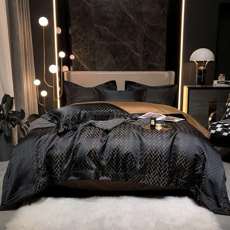 Luxury Black Gold Egyptian Cotton Jacquard Bedding Set - Ultimate Comfort & Style Duvet cover set Julia M Home & Kitchen Color 1 Double 200X200cm4Pcs Flat Bed Sheet