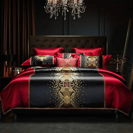 Luxury Black Red Silk Satin & Egyptian Cotton 8Pcs Bedding Set with Embroidery - Julia M LifeStyles