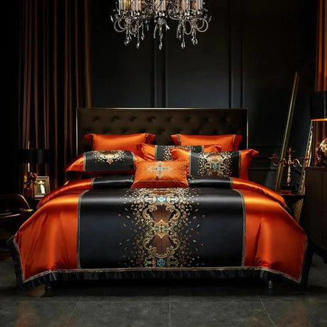 Luxury Black Red Silk Satin & Egyptian Cotton 8Pcs Bedding Set with Embroidery - Julia M LifeStyles