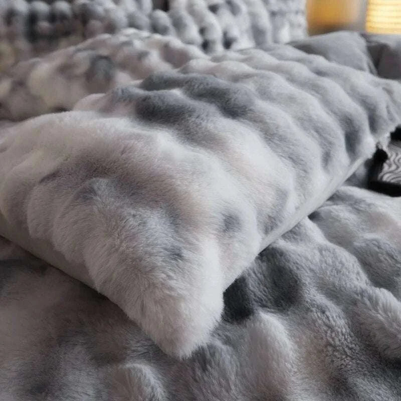 Gradient Blue Grey Faux Rabbit Fur Velvet Bedding Set winter duvet cover set Julia M Home & Kitchen   