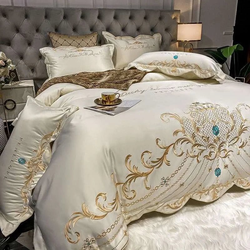 Luxury Gold Royal Embroidery Satin Duvet Cover Set - Julia M LifeStyles