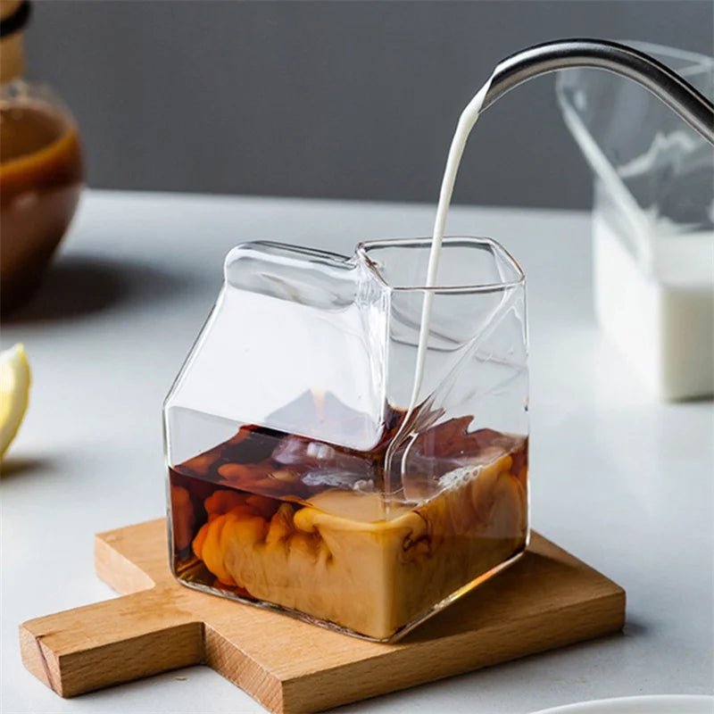 Milk Box Shape Glass Cup - 300ml Transparent Drinkware - Julia M LifeStyles