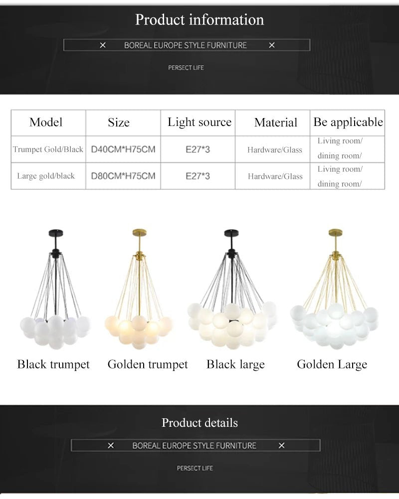 Modern Frosted Glass Ball Ceiling Chandelier Black Gold Pendant Lights 19/37 Glass Hanging Lamp for Dining Living Room - Julia M LifeStyles