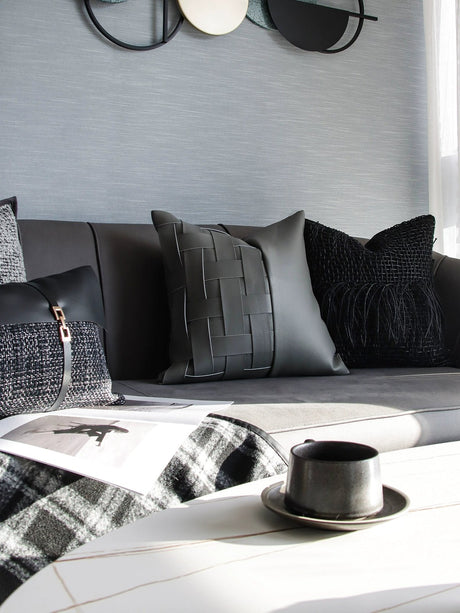 Modern Light Luxury Black and Gray Abstract Tassel Patchwork Minimalist Sofa Living Room Home Pillow Bedside Cushion Pillowcase - Julia M LifeStyles