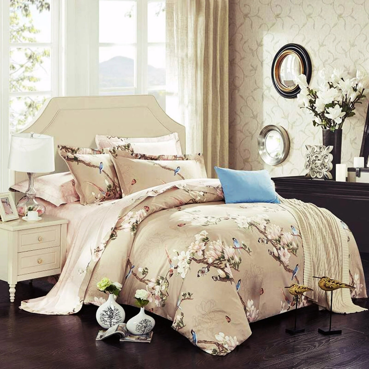 Nature's Serenade 100% Cotton Floral and Avian Symphony Bedding Set - Julia M LifeStyles