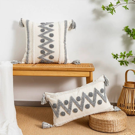 Nordic Simple Geometric Bohemian Style Gray White Tufted Pillow Sofa Cushion Lumbar Pillow Bedroom Bedside Model Room - Julia M LifeStyles