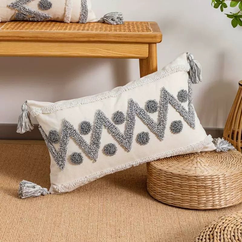 Nordic Simple Geometric Bohemian Style Gray White Tufted Pillow Sofa Cushion Lumbar Pillow Bedroom Bedside Model Room - Julia M LifeStyles