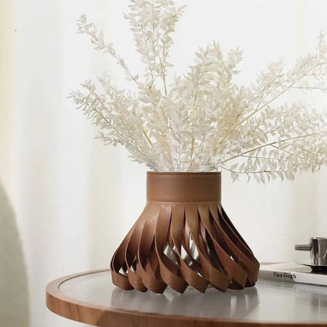 Nordic Style Leather & Glass Tabletop Vase for Modern Floral Arrangements - Julia M LifeStyles