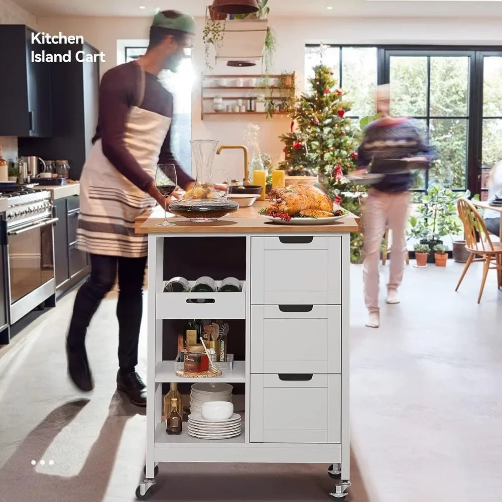 "Oak & White Kitchen Island Cart with Wheels & 3 Drawers" - Julia M LifeStyles