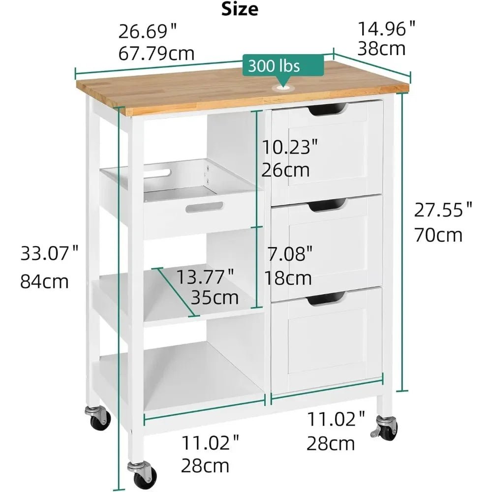 "Oak & White Kitchen Island Cart with Wheels & 3 Drawers" - Julia M LifeStyles